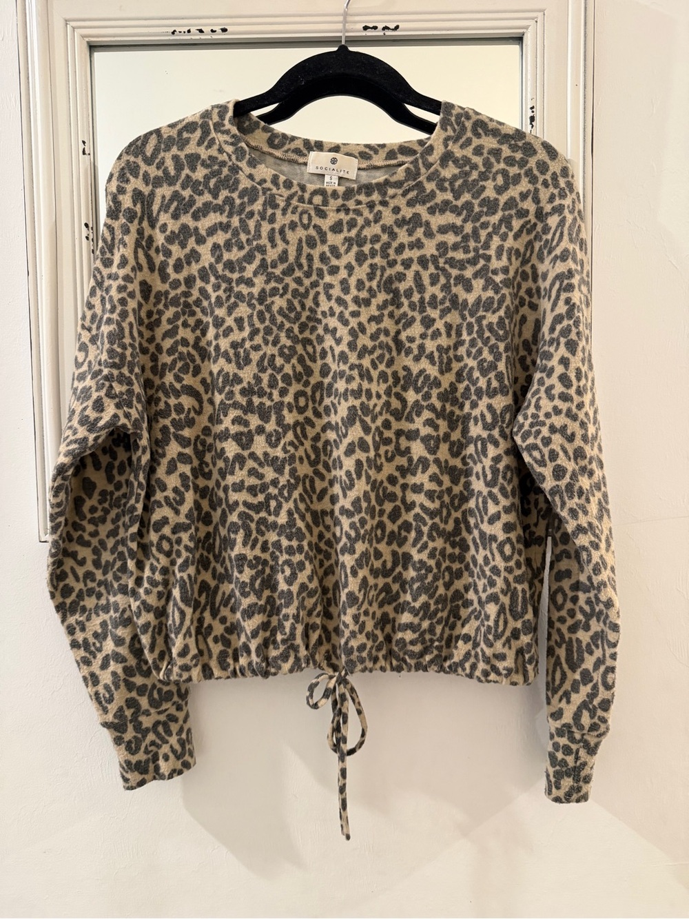 Socialite Leopard Print Drawstring Hem Crewneck Sweater